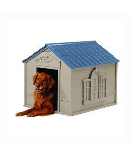 HomyDelight Dog House & Cat House s, Outdoor Dog House in Taupe and Blue Roof Durable Resin - for Dogs up to 100 lbs