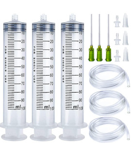 3 Pack 100Mlcc Large Plastic Syringe With Cap, 3Pcs 32Ft Handy Plastic Tubing 14Ga Blunt Tip And Luer Connections, Tubing Connnector For Scientific Labs, Measuring, Watering, Refilling, Filtration, Feeding