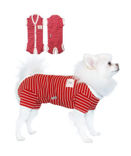 TONY HOBY Dog Pajamas 4 Legged Pet clothes, Dog Onesies with Waffle Stripes, Dog Jumpsuit Pajamas for Medium Small Dog (Red, girl, S)