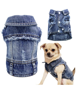 Sild Pet Clothes Dog Jeans Jacket Cool Blue Denim Coat Small Medium Dogs Lapel Vests Classic Hoodies Puppy Blue Vintage Washed Clothes (S, Blue D)