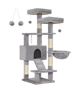 FEANDREA Cat Tree, Cat Tower for Indoor Cats, 55.9-Inch Cat Condo with Scratching Posts, 2 Plush Perches, Basket, Large Cat Cave, Ramp, Cat Activity Center, Light Gray UPCT160W01