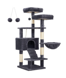 FEANDREA Cat Tree, Cat Tower for Indoor Cats, 55.9-Inch Cat Condo with Scratching Posts, 2 Plush Perches, Basket, Large Cat Cave, Ramp, Cat Activity Center, Smoky Gray UPCT160G01