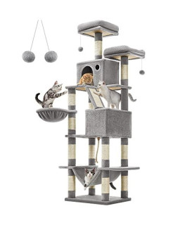 FEANDREA Cat Tree, 81.1-Inch Large Cat Tower with 13 Scratching Posts, 2 Perches, 2 Caves, Basket, Hammock, Pompoms, Multi-Level Plush Cat Condo for Indoor Cats, Light Gray