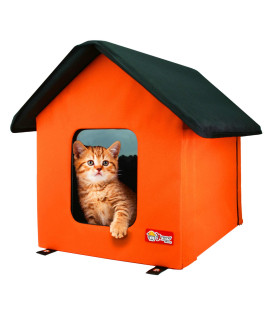Extreme Pet New Indoor/Outdoor Cat House Doors - Fleece Heating Pad, Ties Downs for Secure Placement, Two Exits, Weather-Proof, and Collapsible -Orange/Black