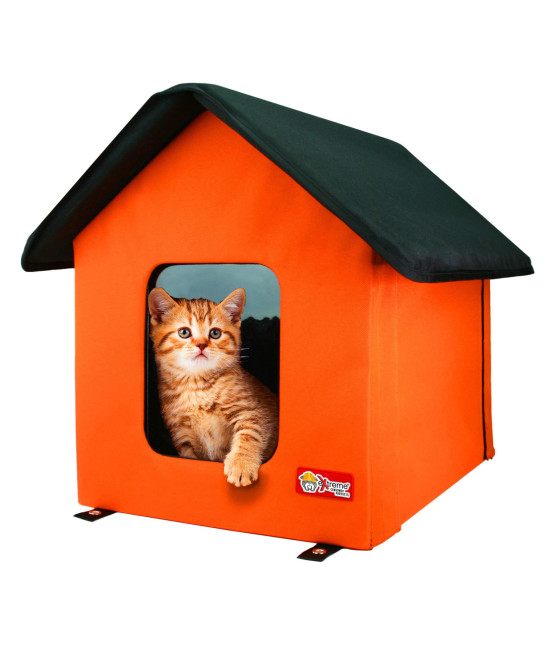 Extreme Pet New Indoor/Outdoor Cat House Doors - Fleece Heating Pad, Ties Downs for Secure Placement, Two Exits, Weather-Proof, and Collapsible -Orange/Black