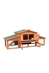 Rabbit Hutch, 70" Bunny House, Wooden Chicken Coop, with Double Running Cages, Outdoor Waterproof Roof and Removable Tray & Ramp, Suit for Rabbit, Chicken, Hen and Other Pets