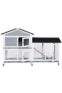 MUPATER Raised Rabbit Hutch Bunny Cage for Outdoor with Casters and Removable Trays, Large Wooden Guinea Pig House with Run and Ramp for Small Animal Pet, White