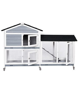 MUPATER Raised Rabbit Hutch Bunny Cage for Outdoor with Casters and Removable Trays, Large Wooden Guinea Pig House with Run and Ramp for Small Animal Pet, White