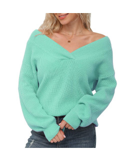 Feiersi Womens Off Shoulder Sweater Long Sleeve Loose Tops V-Neck Pullover Knit Jumper(Blue Green,Small)