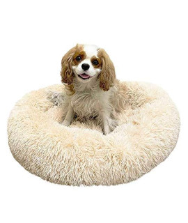 Alpha Paw Cozy Calming Dog Bed for Small Dogs, Anti Anxiety, Comfy, Fluffy, Ultra Soft, Round Pillow Donut Pet Bed for Dogs (Medium 26", Beige)