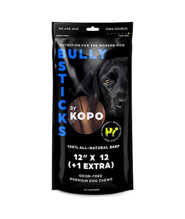Kopo Bully Sticks 12-inch (12 Pack + 1 Extra) - Odor Free Natural Dog Treats - 100% Beef, Fully Digestible, Long Lasting, No Hide Dog Chews