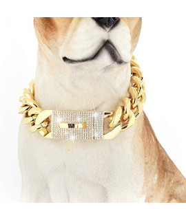 BMusdog Gold Chain Dog Collar with Bling Bling CZ Dimonds 19MM Heavy Duty Thick 18K Gold Cuban Link Chain Stainless Steel Metal Links Walking Chain Necklace (20")