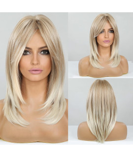 Haircube Long Layered Blonde Wigs For Women Synthetic Hair Wig With Bangs