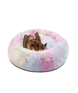 Friends Forever Coco Donut Dog Bed, Soft Faux Fur Cat Couch For Indoor Pet, Fluffy Calming Plush Shag, Round Raised Rim Bolster Cushion, Machine Washable Cuddler, Self Warming, 23x23, Rainbow