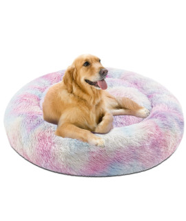 Friends Forever Coco Donut Dog Bed, Soft Faux Fur Cat Couch For Indoor Pet, Fluffy Calming Plush Shag, Round Raised Rim Bolster Cushion, Machine Washable Cuddler, Self Warming, 36x36, Rainbow