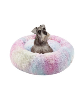 Friends Forever Coco Donut Dog Bed, Soft Faux Fur Cat Couch For Indoor Pet, Fluffy Calming Plush Shag, Round Raised Rim Bolster Cushion, Machine Washable Cuddler, Self Warming, 30x30, Rainbow