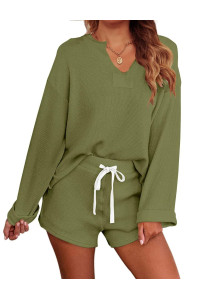 Merokeety Womens Long Sleeve Pajama Set Henley Knit Tops And Shorts Sleepwear Loungewear Green