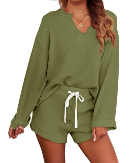 Merokeety Womens Long Sleeve Pajama Set Henley Knit Tops And Shorts Sleepwear Loungewear Green