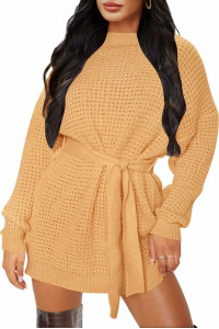 Zesica Womens Long Sleeve Solid Color Waffle Knitted Tie Wasit Tunic Pullover Sweater Dress,Yellow,Small