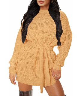 Zesica Womens Long Sleeve Solid Color Waffle Knitted Tie Wasit Tunic Pullover Sweater Dress,Yellow,Small