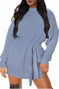 Zesica Womens Long Sleeve Solid Color Waffle Knitted Tie Wasit Tunic Pullover Sweater Dress,Blue,Small
