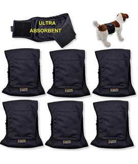 FunnyDogClothes Pack of 3 or 6 Male Dog Diapers 4 - Layers of Absorbent Pads Waterproof Leak Proof Belly Band Wrap Washable (L: Waist 16" - 20", Pack of 6 Black)