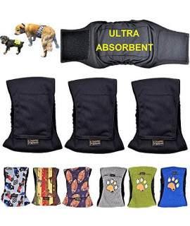 FunnyDogClothes Pack of 3 or 6 Male Dog Diapers 4 - Layers of Absorbent Pads Waterproof Leak Proof Belly Band Wrap Washable (XL: Waist 20" - 26", Pack of 3 Black)