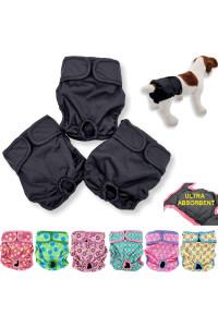 Pack of 3 or 6 Female Dog Diapers with 4 - Layers of Absorbent Pads Cat Panties Waterproof Leak Proof Washable (S: Waist 12" - 16", Pack of 3 Black)