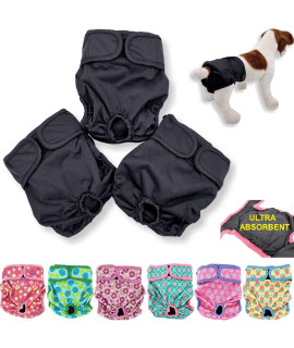 Pack of 3 or 6 Female Dog Diapers with 4 - Layers of Absorbent Pads Cat Panties Waterproof Leak Proof Washable (S: Waist 12" - 16", Pack of 3 Black)