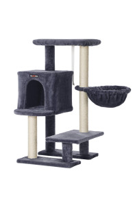 FEANDREA Cat Tree, Small Cat Tower, 33.1-Inch Cat Condo with Basket, Cat Cave, Removable Washable Cover for Top Perch, for Small Spaces, Smoky Gray UPCT142G01