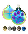Engraved Pet Tag for Dogs and Cats - Personalized Front & Back up to 8 Lines of Text Custom Engraved ID, Round Paw Print Solid Plating Stainless Steel in 5 colors: Gold, Rose Gold, Blue, Black, Nebula