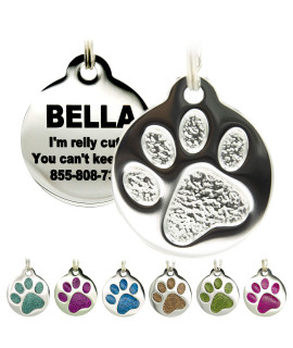 Engraved Pet Tag for Dogs & Cats - Personalized with 4 Lines of Custom Engraved ID, Round Paw Print Stainless Steel Enameled in 6 Colors: Ocean Blue, Aquamarine, Deep Pink, Magenta, Pale Green, Amber