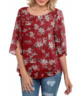 Neineiwu Womens Casual Scoop Neck Loose Top 34 Sleeve Chiffon Blouse Shirt Tops (White Flower-Red S)