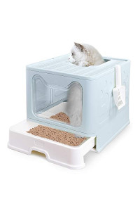 Petphabet Cat Litter Box, Square Foldable Jumbo Hooded Cat Litter Box with Plastic Scoop (Blue)