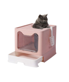 Genenic Large Foldable Cat Litter Box Pan With Lid, Cat Potty ,Top Entry Type Anti-Splashing Cat Supplies With Pet Plastic Scoop(Pink)