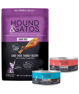 HOUND & GATOS Grain Free Wet & Dry Cat Food Combo Pack - Cage Free Turkey Dry Food (2 lb Bag), Wet Food (2 - 5.5 oz cans), and Can Topper