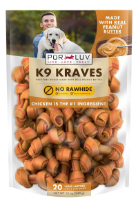 Pur Luv K9 Kraves Rawhide Free Bone Dog Treats, Peanut Butter Flavor, Made with Real Peanut Butter and Chicken, Healthy, Easily Digestible, Long Lasting, and High Protein Dog Treat, 20 Count
