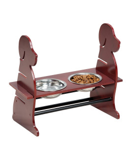 Etna Adjustable Height Pet Feeder -Wooden Dog Silhouette Raised Dog Bowl Holder, Mahogany Finish, Includes 2 Removable Metal Pet Food and Water Dishes