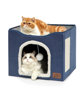 Bedsure Cat Beds for Indoor Cats -Large Cat Cave for Pet Cat House with Fluffy Ball Hanging and Scratch Pad, Foldable Cat Hidewawy,16.5x16.5x14 inches, Blue