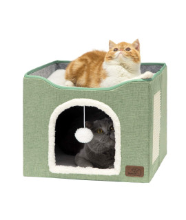 Bedsure Cat Beds for Indoor Cats -Large Cat Cave for Pet Cat House with Fluffy Ball Hanging and Scratch Pad, Foldable Cat Hidewawy,16.5x16.5x14 inches, Green