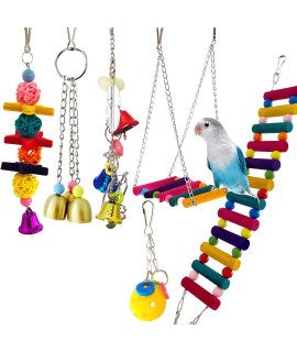 6pcs Bird Parakeet Toys Ladders Swing Colorful Chewing Bird Parakeet Cage Accessories Hanging Bell Pet Cockatiel Toys for Bird Cage for Small Birds, Love Birds, Conures, Macaws, Parrots, Finches