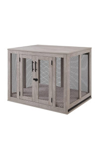 unipaws Furniture Style Dog Crate with Cushion and Tray, Mesh Dog Kennels with Double Doors, End Table Dog House, Medium and Large Crate Indoor Use (Large, Grey)
