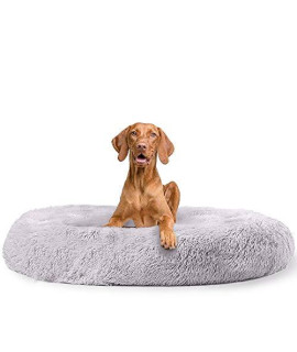 Calming Dog Bed Cat Bed Donut, Faux Fur Pet Bed Self-Warming Donut Cushions, Round Rabbit Kennel, 47'' Light Grey