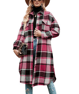 Himosyber Womens Casual Plaid Lapel Woolen Button Up Pocketed Long Shacket Coat(Rosered-M)