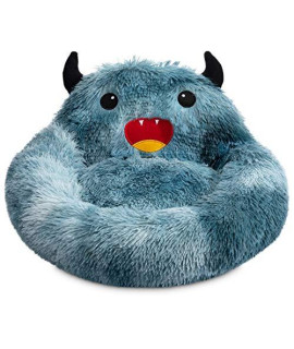 Hollypet Self-Warming Donut Pet Bed Luxury Cozy Nest Monster Sleeping Bed Round Faux Fur Bed For Cats And Small Medium Dogs Blue
