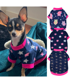 Yikeyo Puppy Clothes for Small Dogs Girl Set of 3 Kitten Clothes - Toy Yorkie Puppy Chihuahua Clothes - Ropa para Perros - Female Dog Clothes - Fleece Dog Pajamas (Owl + Paw Print + Star, Large)