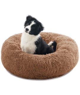 Calming Dog Bed for Small Dogs & Large Cat, Anti Anxiety Donut Cat Bed for Indoor Cats, Round Cat Bed, Cozy Soft Puppy Bed, Fluffy Kitten Bed, Plush Pet Bed, Machine Washable, 20x20inch LightCoffee
