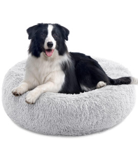 Calming Dog Bed for Large Dogs, Anti Anxiety Dog Bed, Round Dog Bed, Plush Faux Fur Dog Bed, Fluffy Dog Bed, Soft Cozy Pet Bed, Machine Washable, 30x30inch Grey