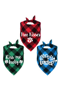 STMK 3 Pack Holiday Plaid Dog Bandana, Valentines Day St Patricks Day Easter Plaid Dog Puppy Bandana Triangle Scarf for Dog Puppy Holiday Party Supplies