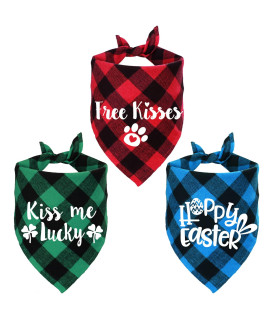 STMK 3 Pack Holiday Plaid Dog Bandana, Valentines Day St Patricks Day Easter Plaid Dog Puppy Bandana Triangle Scarf for Dog Puppy Holiday Party Supplies